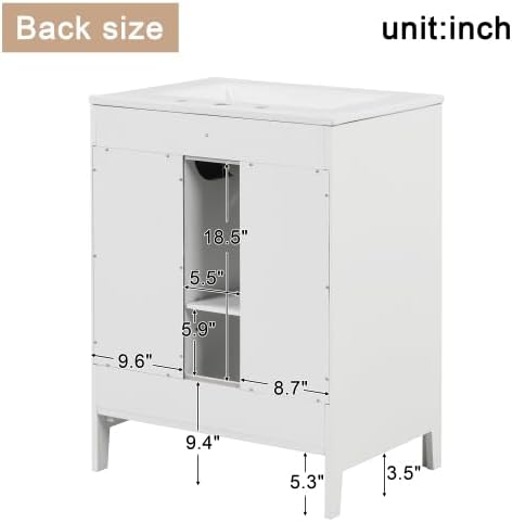 Harper & Bright Designs 24" Bathroom Vanity with Sink, Free Standing Single Basin Vanity Set with Two Drawers and Glass Door, Modern Wooden Bathroom Cabinet with Ceramic Basin for Bathroom, White