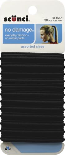 Scunci by Conair No Damage Assorted Sizes Elastics, for Women and Men, Elastic Hair Ties with No Damage in Black, 36 Pack