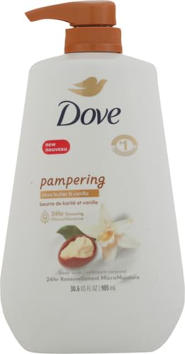 Dove Body Wash with Pump Pamper Shea Butter & Vanilla for 24hr Lotion-Soft Skin Moisturizing Skin Cleanser with No Sulfates No Parabens 30.6 oz,(Pack of 2)