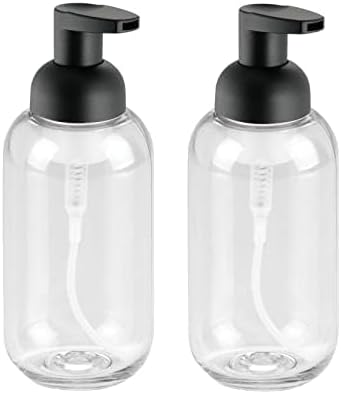 mDesign Round Plastic Refillable Foaming Soap Dispenser Pump Bottle for Bathroom Vanity Countertop - Vintage-Inspired, Compact Container Design - Twain Collection - 2 Pack - Clear/Matte Black