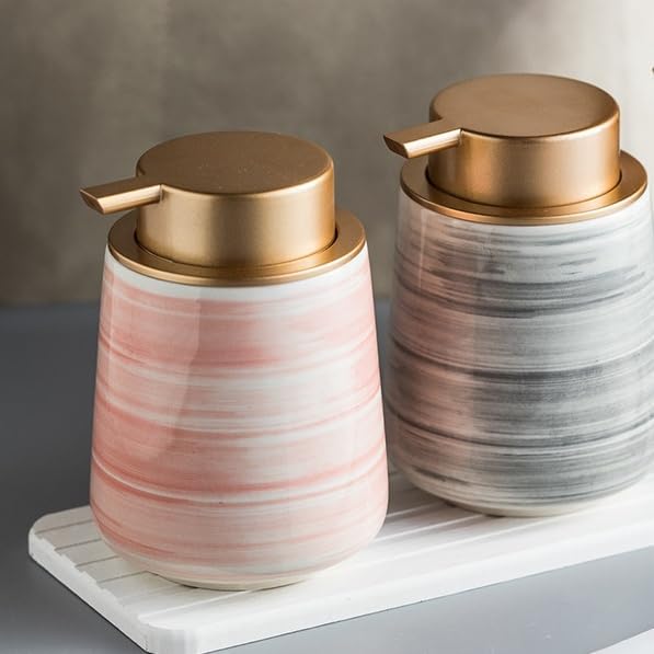 Modern Striped Style Gold Soap Dispenser for Bathroom, Ceramic Hand Soap Dispenser, Easy to Refill Liquid (Pink-Foam Pump)