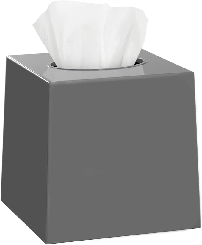 Gray Tissue Box Cover Square - Plastic Facial Tissue Box Holder Vessel Dispenser - Decorative Cube Tissue Holder for Bathroom, Vanity Countertop, Dresser, Bedroom, Office Grey Decor