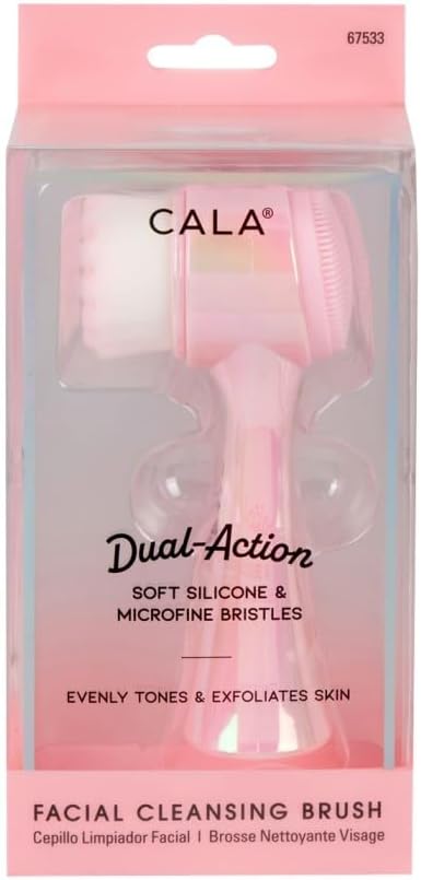 CALA Dual-Action Facial Cleansing Brush, Iridescent Pink, Soft Silicone and Microfine Bristles