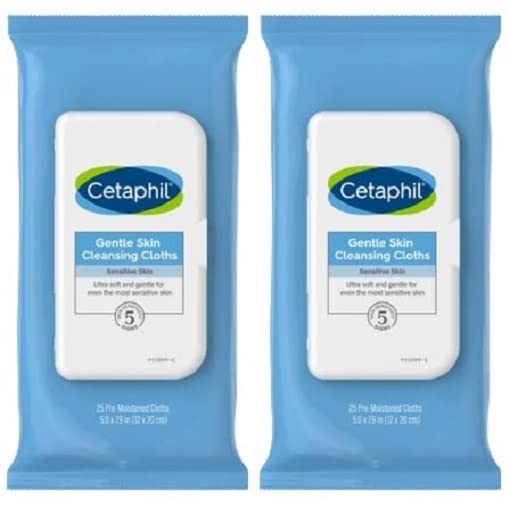 Cetaphil Face and Body Wipes, Gentle Skin Cleansing Cloths, 25 Count (Pack of 2), for Dry, Sensitive Skin, Flip Top Closure, Great for the Gym, Travel, in the Car, Hypoallergenic, Fragrance Free