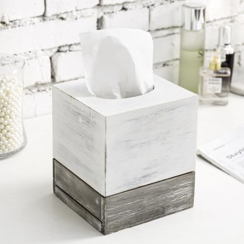 MyGift Tissue Box Cover Square Vintage White and Distressed Gray Wood Bathroom Tissue Box Dispenser Holder with Slide-Out Bottom Panel, Farmhouse Tissue Box Holder 5.5 x 5.5 x 6.3 Inches