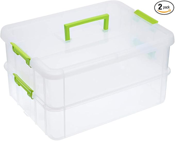 BTSKY 2 Layer Stack & Carry Box, Plastic Multipurpose Portable Storage Container Box Handled Organizer Storage Box for Organizing Stationery, Sewing, Art Craft, Jewelry and Beauty Supplies Green