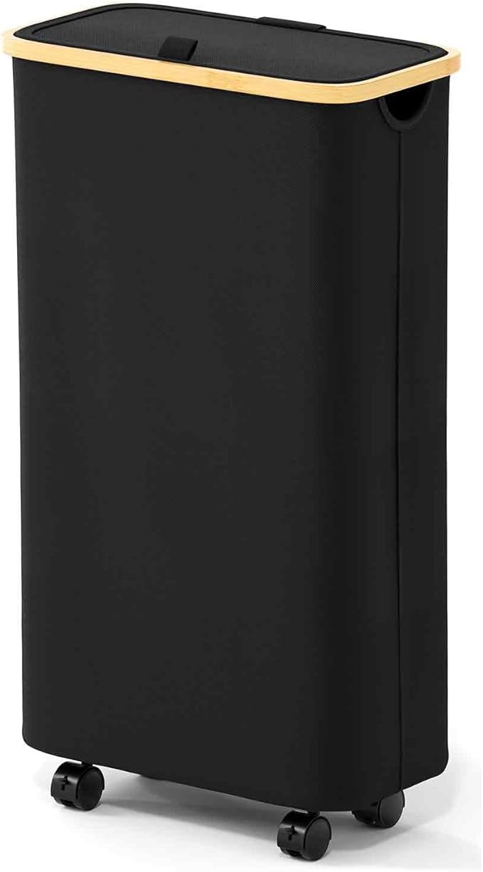 SpaceAid Slim Laundry Hamper with Wheels and Lid,62L Rolling Narrow Clothes Basket with Bamboo Handle, Large Laundry Hamper for Bedroom, Bathroom, Dorm, Laundry Room - Black
