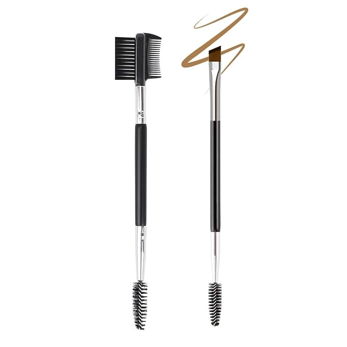 2PCS- 1 Eyebrow Brush + 1 Eyelash Shaper, Professional Double-Ended Angled Eye Brow Spoolie Brush, 3 Head Eyelash Comb Double Head Brushes, Makeup Grooming Tools Brushes for Shaping Brow Lashes