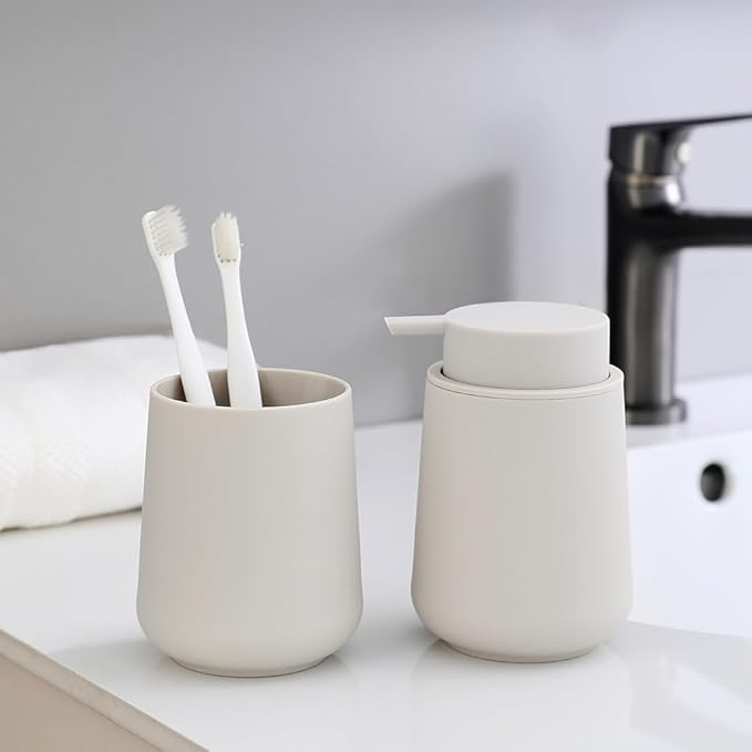 Matte Beige Liquid Hand Soap Dispenser Plastic 11 oz - Modern Minimalist Style for Bathroom & Kitchen Countertop Refillable