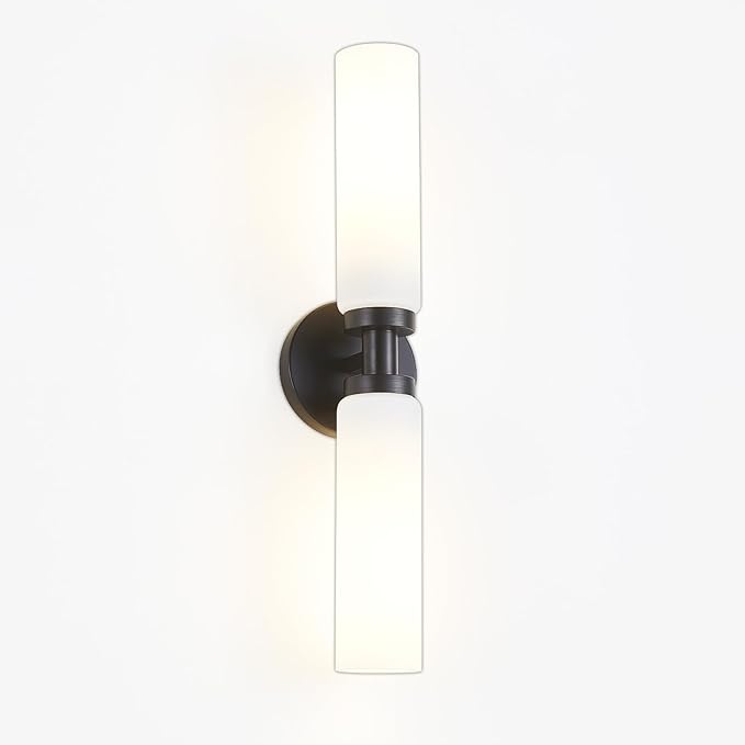 2 Light Black Bathroom Light Fixture Over Mirror, Modern Farmhouse Bathroom Vanity Lights with Milky White Frosted Glass Shade, Wall Sconce for Bathroom Mirror Hallway Cabinet Bedroom Porch