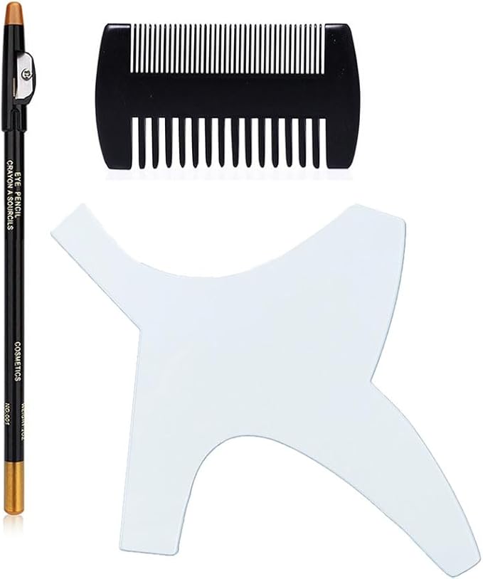 Beard Shaping Tool Template Men -(White) 100% Clear - Premium & Friendly Gift Package -Barber Pencil - Wooden Comb - Best Facial Hair Shaper Instrument - Great All Kind Beards & Shape Style
