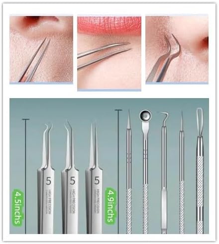Blackhead Remover Tweezers Kit, Ultra-fine Tweezers Black Dots Blemish Extractor Acne Needle Facial Cleaner Skin Extractor Tool (8Pcs/Set)