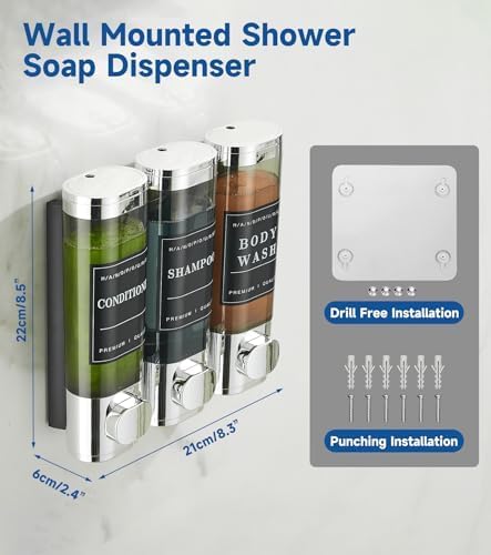 Shower Soap Dispenser Wall Mounted No Drill Shampoo Dispenser for Shower Wall Shampoo and Conditioner Dispenser Bathroom Hotel 3 * 300ml Chrome Self