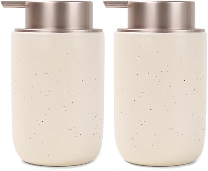BosilunLife Foaming Soap Dispenser Set - Apricot Ceramic Foam Hand Soap Dispenser 12oz with Rust Proof Pump, Easy Pressing & Refillable,4Pcs Clear Stickers for Kitchen, Bathroom - 2 Pack