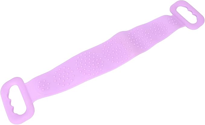 Silicone Back Scrubber Strap Double Sided Exfoliating Bath Shower Cleaning Belt Ergonomic Design for Men Women Kids Elderly Soft Dense Brush Hair Body Massage Tool (Purple)