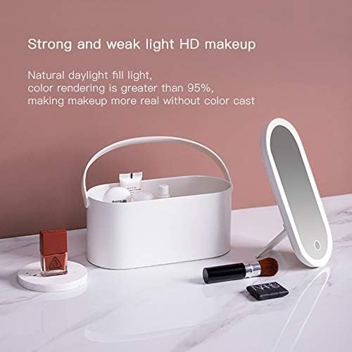 Portable LED Makeup Mirror with Storage Box, Touch Control Dimmable Light, Rotatable Stand & Rechargeable Cosmetic Organizer for Travel