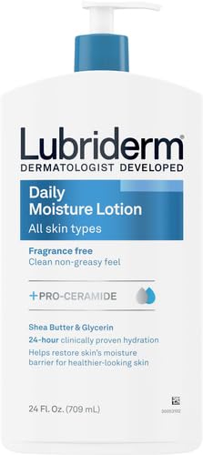 Lubriderm Fragrance Free Daily Moisture Lotion + Pro-Ceramide Shea Butter & Glycerin Face Hand & Body Lotion for Sensitive Skin Hydrating 24 Hour Moisturizer Healthier-Looking Skin 24 fl.Oz Pack of 3