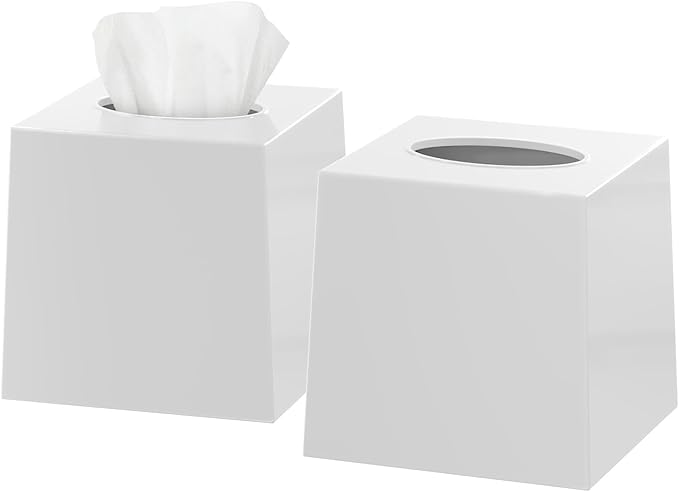 2 Pack White Tissue Box Cover – Square Tissue Box Holder for White Bathroom Accessories Countertop, Decorative Tissue Cover and Square Cube Holder for Modern Home, Office or Dresser Décor
