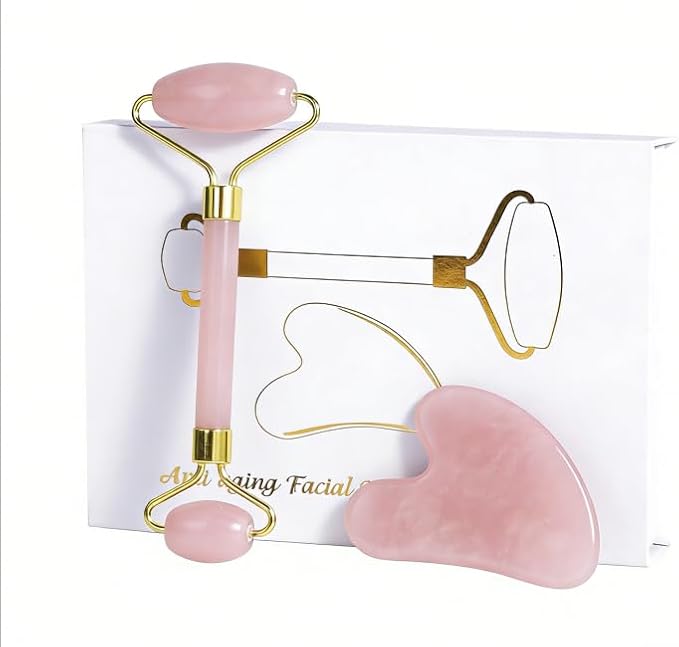 Jade Roller Gua Sha Tools – Nature Gua Sha Facial Tool Skin Tightening Face Massager Anti-Aging Jade Face Roller Puffiness Reducing Guasha Stone for Women Men (Light Pink)