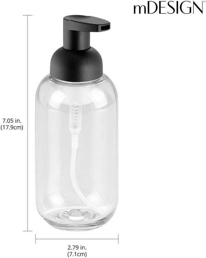 mDesign Round Plastic Refillable Foaming Soap Dispenser Pump Bottle for Bathroom Vanity Countertop - Vintage-Inspired, Compact Container Design - Twain Collection - 2 Pack - Clear/Matte Black
