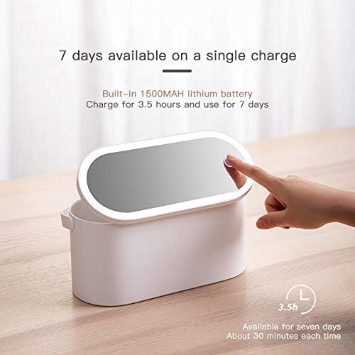 Portable LED Makeup Mirror with Storage Box, Touch Control Dimmable Light, Rotatable Stand & Rechargeable Cosmetic Organizer for Travel