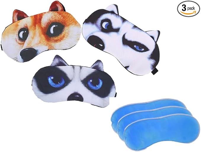 BE 3 Pack Dog Cat Sleep Mask with Gel Mask Cold Warm Compress Cute Funny Blindfold Eye Cover Kids Women Men Gift (Dogs)