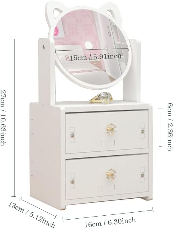 Makeup Organizer with Cabinet and Lipstick Shelf Box, Cat Ear Mirror, Cosmetics Storage Box, Dormitory Desktop Dresser, Jewelry Organizer