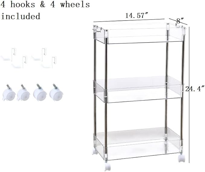 Chris.W Slim Storage Cart 3 Tier with Wheels, Clear Bathroom Cart Organizer, Mobile Shelving Unit Rolling Utility Cart, Slide Out Organizer for Kitchen, Bathroom, Laundry, Narrow Places, Office - 8" W