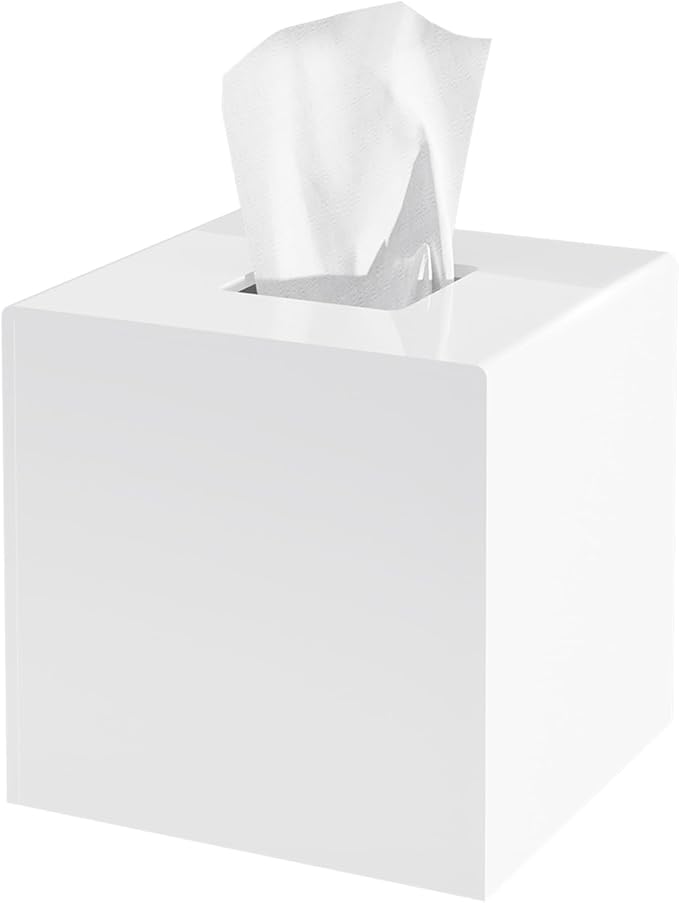 Acrylic Tissue Box Cover, White Square Tissue Box Holder, Facial Napkin Dispenser for Bathroom Kitchen Bedroom Office Hotel Use