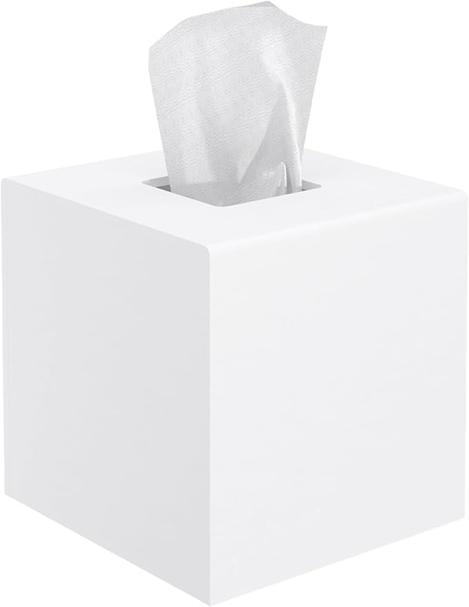 Tissue Box Cover, PITBVO Acrylic Tissue Box Holder Square Tissue Box Cover, Handmade Facial Tissue Holder Napkin Dispenser for Bathroom Kitchen Bedroom Office (Matte White, 5.5x5.5x5.5)