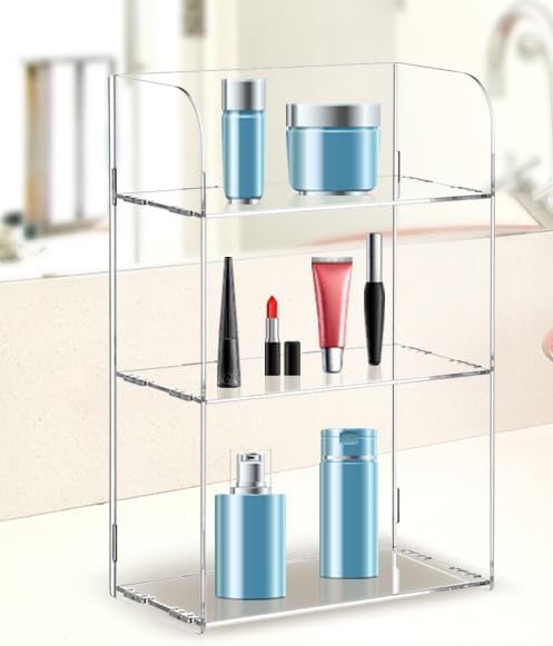 Jusalpha 3 Tier Clear Acrylic Bathroom Organizer Shelf for Cosmetic Perfume Makeup Toy Spices Standing Tabletop Vanity Tray Shelf Multifunctional Sturdy Display Showcase (8''x 4''x 12'')…