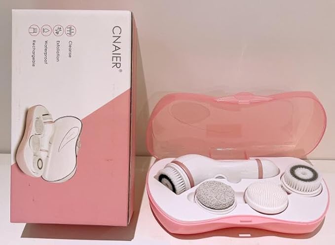 Facial Cleansing Brush, 4 in 1 Electric Face Scrubber with Travel Case and 4 Brush Heads, Waterproof Facial Cleansing Spin Brush for Gentle Exfoliation and Deep Cleaning (Pink)