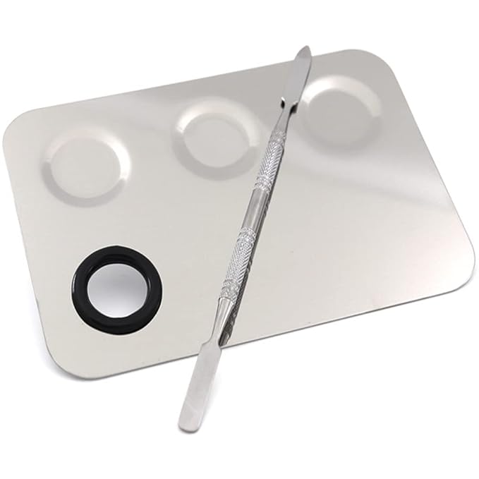 Miamay 6 by 4 Inches Makeup Palette Stainless Steel 3-dents Nail-art Cosmetic Artist Mixing Palette with 6 Inches Spatula Tool