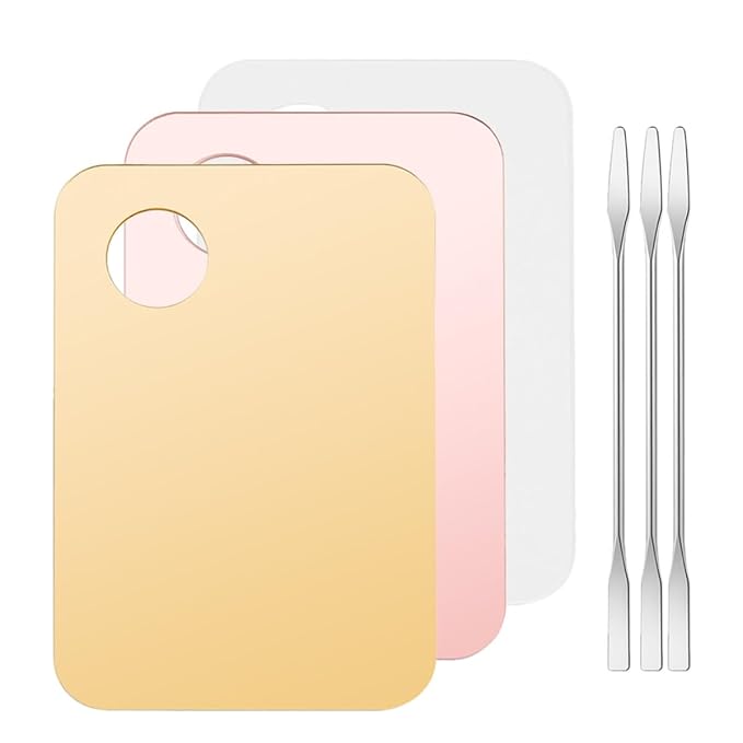 Healifty Makeup Mixing Palette Set 3pcs with Spatulas, Cosmetic Blending Plates for Foundation and Nail Art, Portable Acrylic and Metal Mixing Trays for Professional and Personal Use