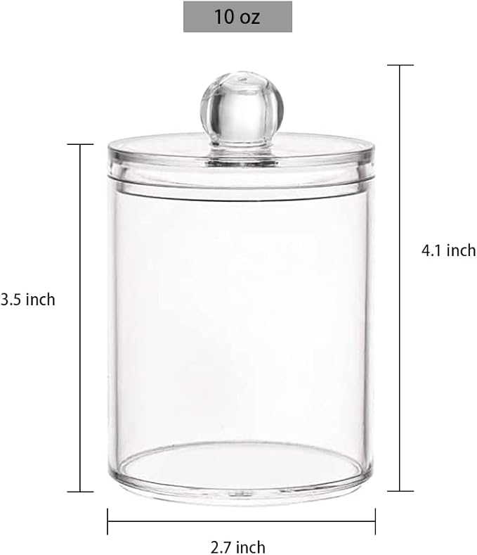 3 Pack Qtip Holder Storage Canister for Cotton Ball, Cotton Swab, Pads, Floss; 10-Ounce Clear Plastic Apothecary Jar with Lid, Bathroom Makeup Organizer (3)