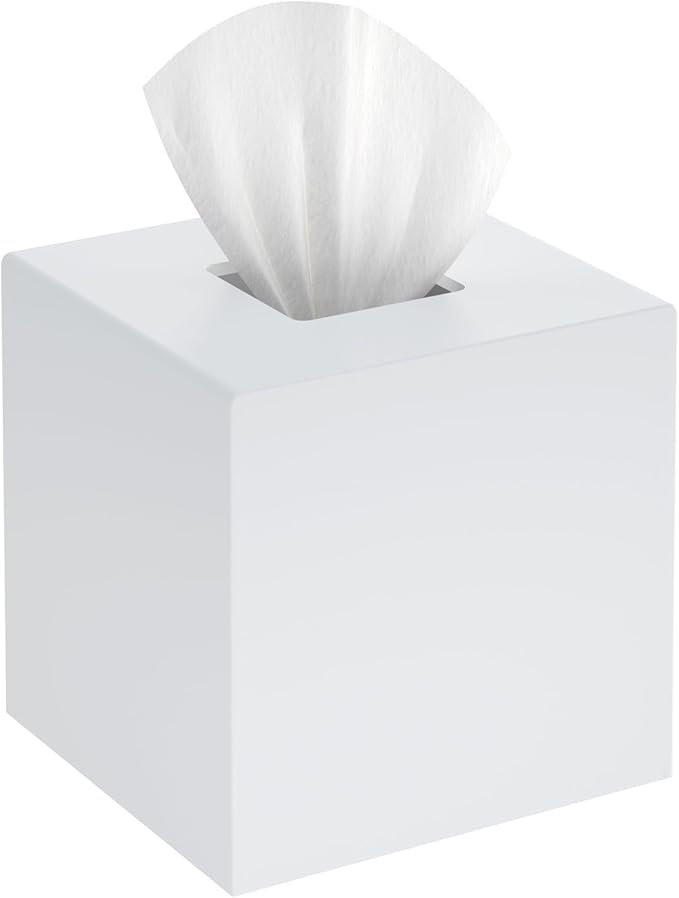 SILUT Tissue Box Cover Square, Acrylic Tissue Holder, Decorative Tissue Box Dispenser for Bathroom Bedroom Office Vanity, Tissues Organizer, Matte White