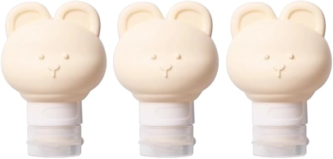 Cute Bear Travel Bottles Set for Toiletries 3 Pack 2.8oz 80ML Leak Proof Silicone Containers for Conditioner Shampoo Lotion (Beige)