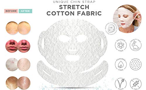 DERMOVIA LACE YOUR FACE Patented Compression Facial Mask, Reusable Biodegradable Cotton Anti Aging Skin Care, Plumping Hyaluronic Acid, 4 pack