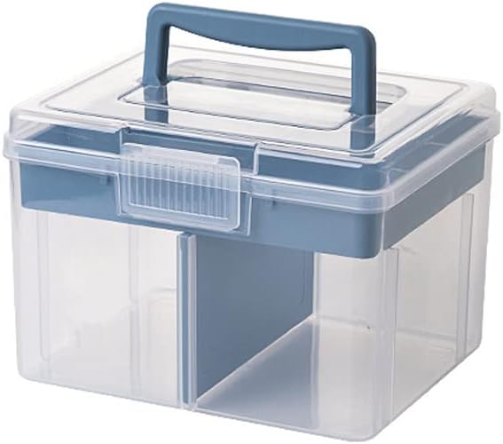Clear Small Plastic Storage Box with Handle & A Removable Tray & Adjustable Divider, Kids Students Children Art Box, Desk Organiser Case, Medicine Storage Box (Clear & Ocean Blue)