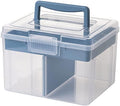 Clear Small Plastic Storage Box with Handle & A Removable Tray & Adjustable Divider, Kids Students Children Art Box, Desk Organiser Case, Medicine Storage Box (Clear & Ocean Blue)