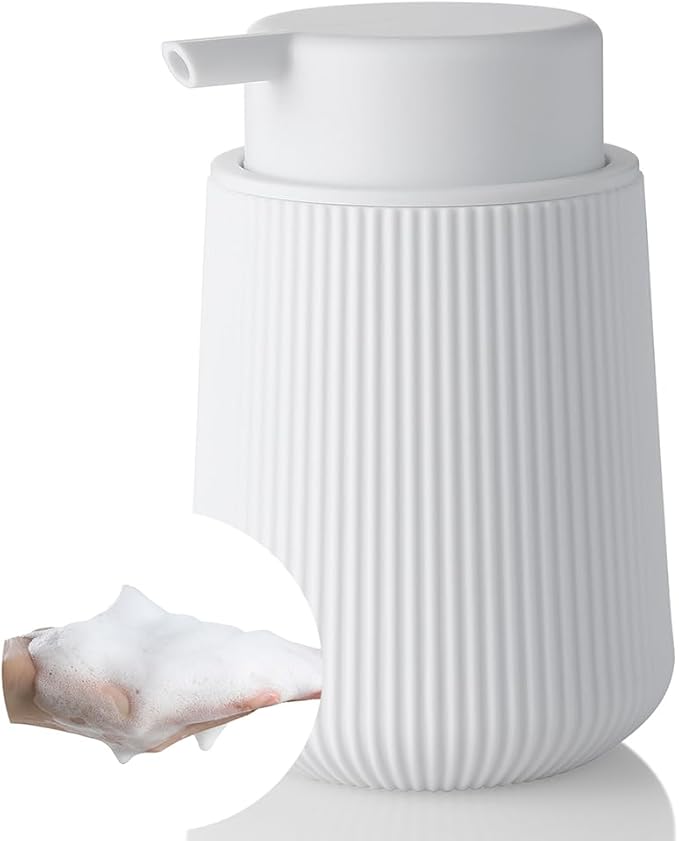Striped Foaming Hand Soap Dispenser with Leak-Proof Pump for Bathroom and Kitchen Countertop 11oz White
