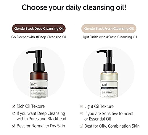 DearKlairs Gentle Black Fresh Cleansing Oil – Only 6 Ingredients, Korean Oil Cleanser for Oily & Sensitive Skin, Vegan Makeup Remover, Pore Cleansing, Double Cleansing Step 1, 5.07 Fl Oz