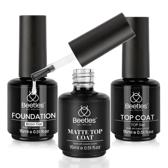 Beetles 3Pcs 15ml Base Gel & No Wipe Top Coat Nail Polish Matte Coat Set, Shine Finish and Long Lasting, Soak Off LED Nail Lamp Art DIY Design Gifts for Women Her