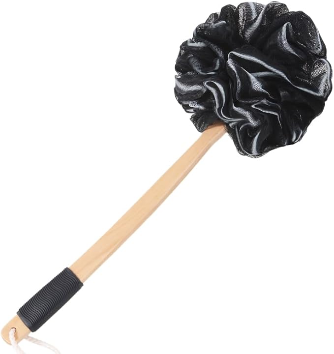 Long Loofah with Handle, Back Scrubber for Shower, Loofah on a Stick (19.09"), Black & White 4.72" Jumbo Mesh PE Pouf, Waterproof Coated Wooden Handle, Non-Slip Grip, Hanging Loop, Men & Women