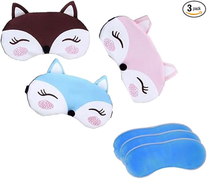 BE 3 Pack Dog Cat Sleep Mask with Gel Mask Cold Warm Compress Cute Funny Blindfold Eye Cover Kids Women Men Gift (Foxes)