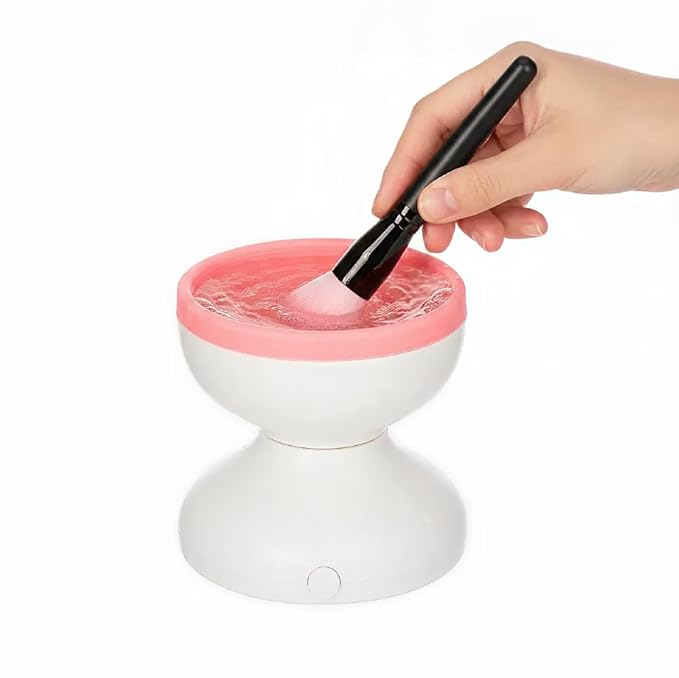 ÉCLAT Electric Makeup Brush Cleaner Machine, Remove Residue on Brush, Sponge, Powder Puffs, Cosmetic Tool Cleaner, No Batteries Needed, Portable Spinning Washer Saves Cleanser Solution (White/Pink)