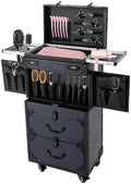 Professional Rolling Makeup Case for Hairstylists - Large Retro Train Case Trolley with Combination Lock & Metal Wheels,Mobile Storage Organizer for Barber,Cosmetology Tools&Cosmetics (Blue)