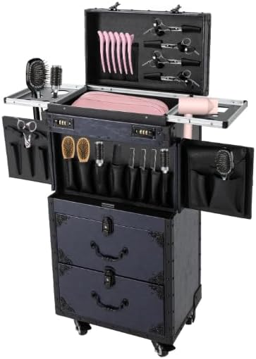 Professional Rolling Makeup Case for Hairstylists - Large Retro Train Case Trolley with Combination Lock & Metal Wheels,Mobile Storage Organizer for Barber,Cosmetology Tools&Cosmetics (Blue)