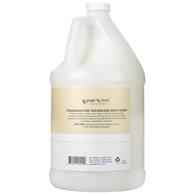 Ginger Lily Farms Club & Fitness Nourishing Body Wash, 100% Vegan & Cruelty-Free, Bath & Shower Gel for Men and Women, Fragrance Free, 1 Gallon (Pack of 4)
