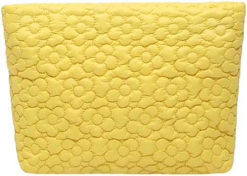 Puffy Quilted Makeup Bag for Women, Cosmetic Bag, Travel Toiletry Organizer Pouch Clutch (Yellow Flowers)
